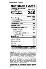 Nutrition facts for Rule1 Bar1 Salted Caramel, showcasing calories, protein, and nutrient breakdown per serving.