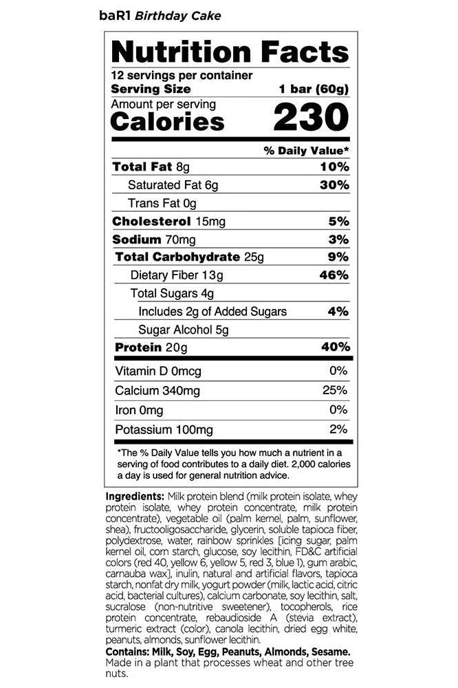 Nutrition facts for Rule1 Bar1 Crunch Bar, Birthday Cake flavor, showing calories, protein, and fiber content.