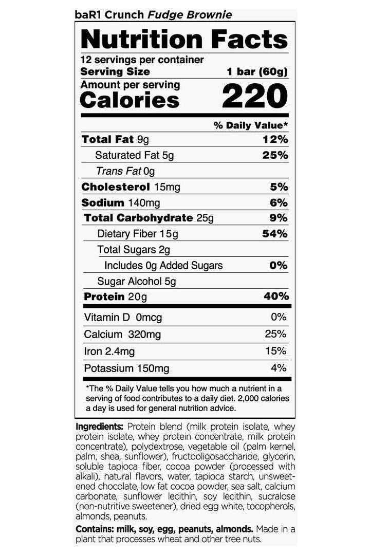 Nutrition facts for Rule1 Bar1 Crunch Fudge Brownie, detailing calories, protein, fiber and other nutrients.