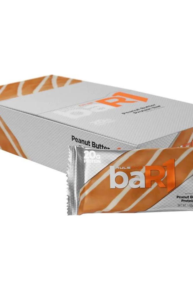 Rule One baR1 Protein Bar in Peanut Butter flavor, package contains 20g protein and low net carbs.