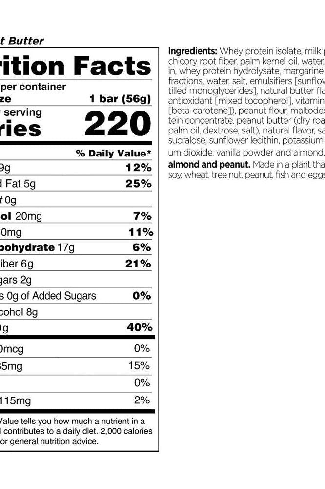 Nutrition facts for Rule One baR1 Protein Bars, showcasing protein, fat, carbs, and ingredient details.