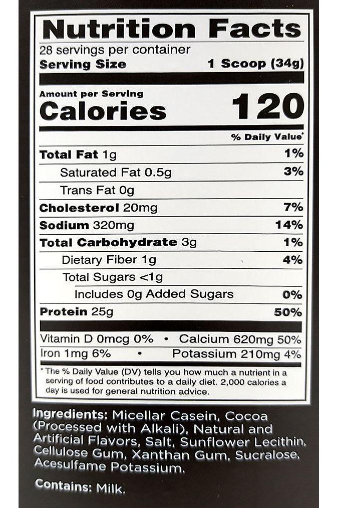 Nutrition facts for Rule One Casein, showing calories, protein, and other nutrients per serving.