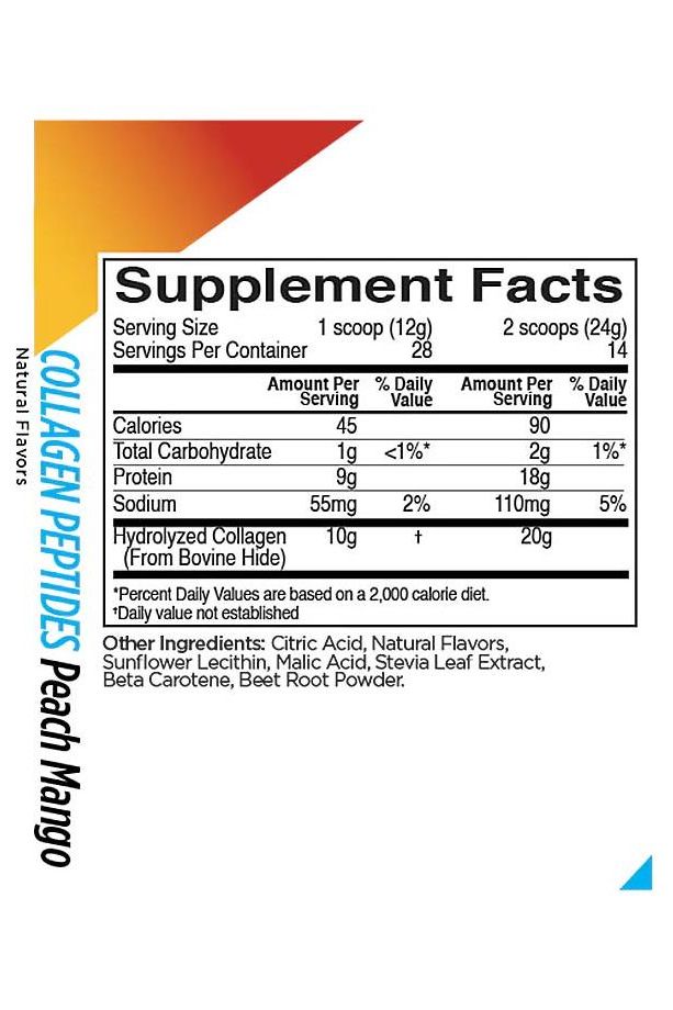 Supplement facts for Rule One Collagen Peptides in Peach Mango flavor, highlighting nutritional content.