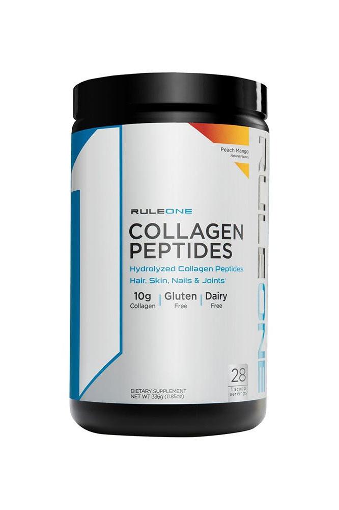 Rule One Collagen Peptides jar with 10g collagen per serving, gluten-free and dairy-free, supports hair, skin, nails and joints.