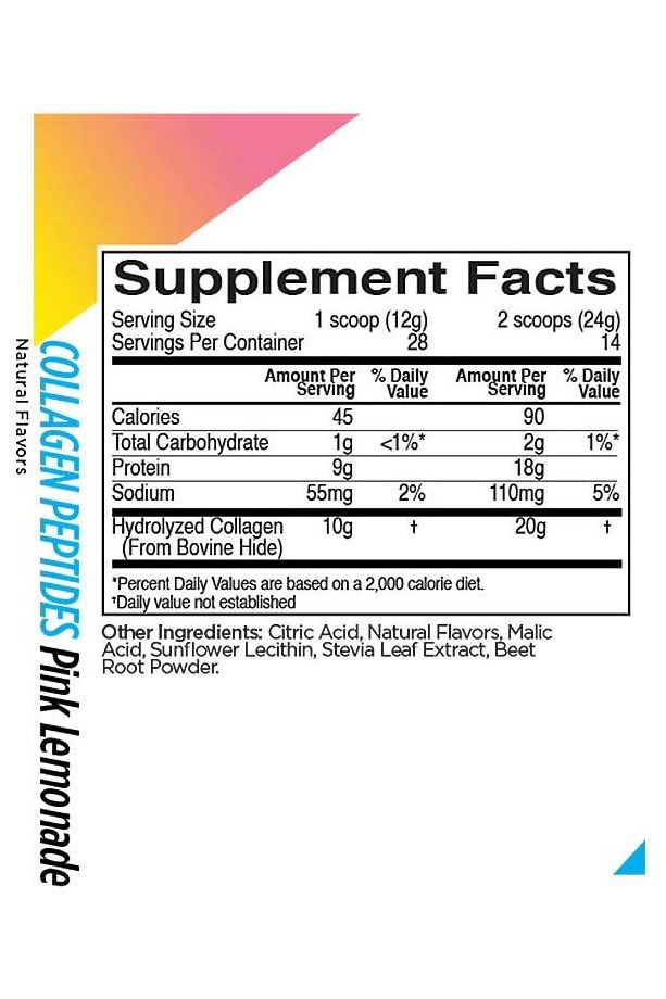 Supplement facts label for Rule One Collagen Peptides in Pink Lemonade flavor, detailing ingredients and nutritional values.