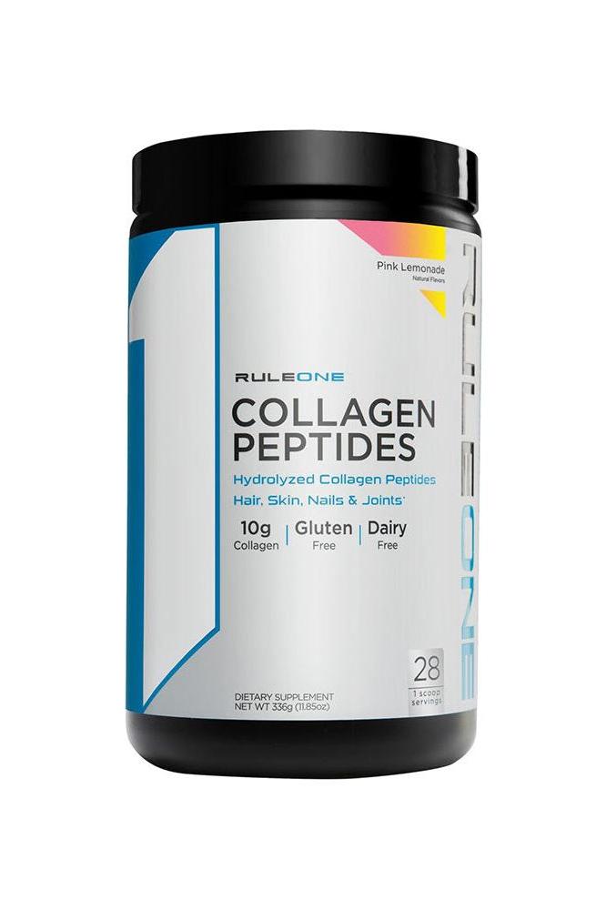Rule One Collagen Peptides container, supports healthy hair, skin, nails, and joints, gluten and dairy free, 10g collagen per scoop.