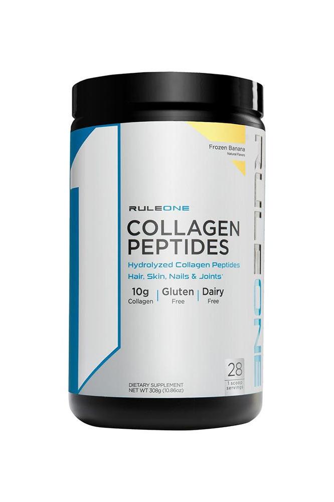 Rule One Collagen Peptides powder, supports healthy hair, skin, nails, joints. Contains 10g collagen, gluten and dairy free.