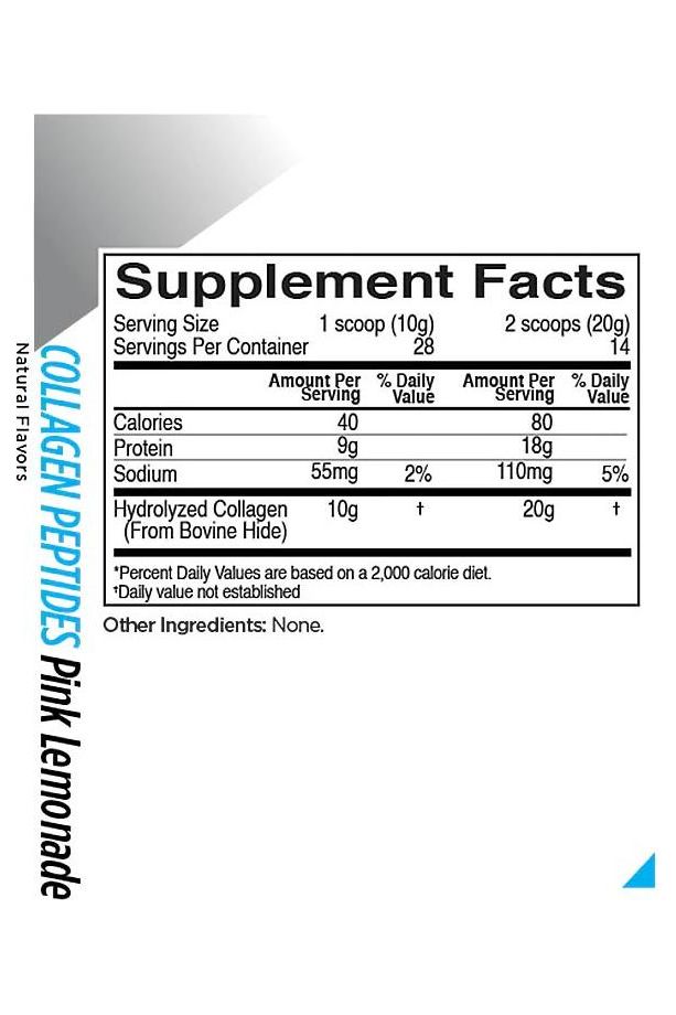 Supplement facts for Rule One Collagen Peptides, featuring servings, calories, protein, and key ingredients.