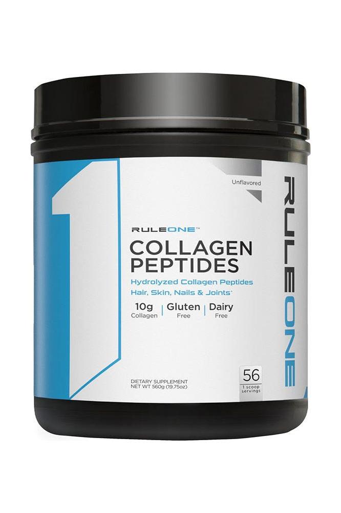 Rule One Collagen Peptides product container, supports hair, skin, nails, and joints, gluten and dairy free.
