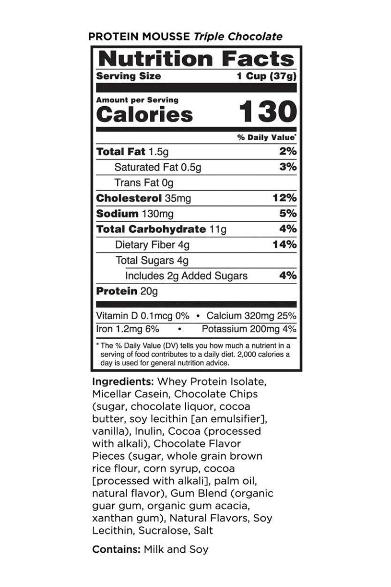 Nutrition facts for Rule One Easy Protein Mousse Triple Chocolate flavor, showing calories and ingredients.
