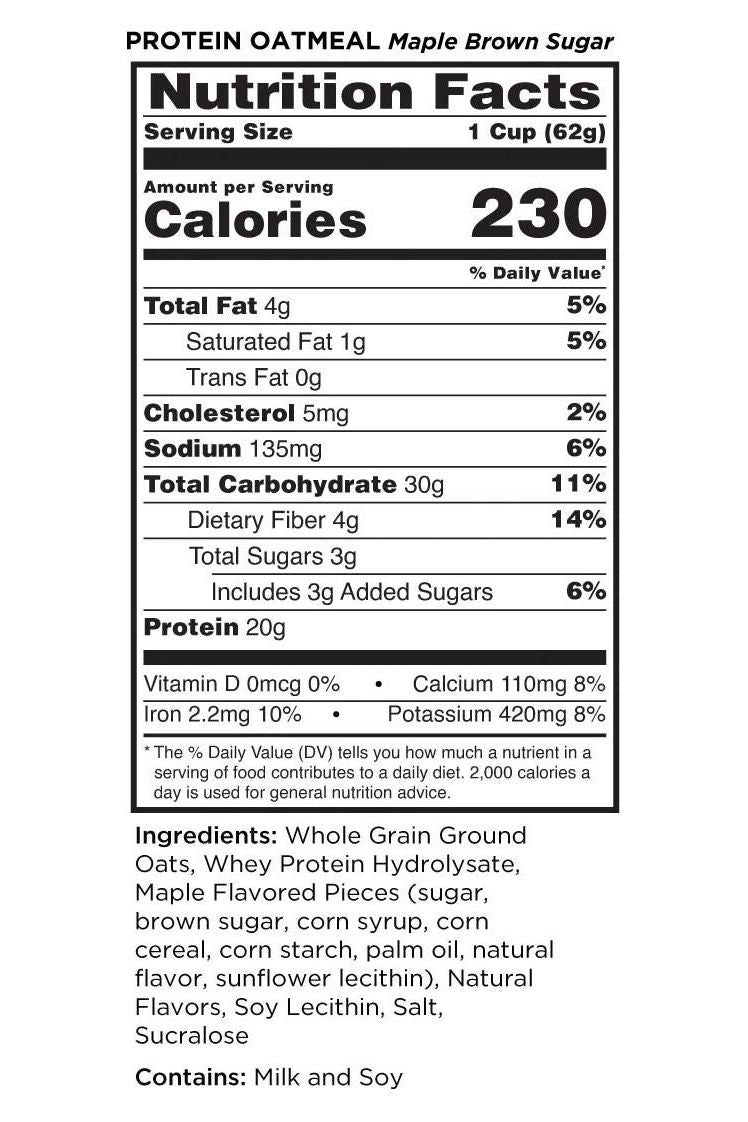 Nutrition facts for Rule One Easy Protein Oatmeal Maple Brown Sugar, servings, calories, and ingredients information.