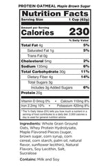 Nutrition facts for Rule One Easy Protein Oatmeal Maple Brown Sugar, servings, calories, and ingredients information.