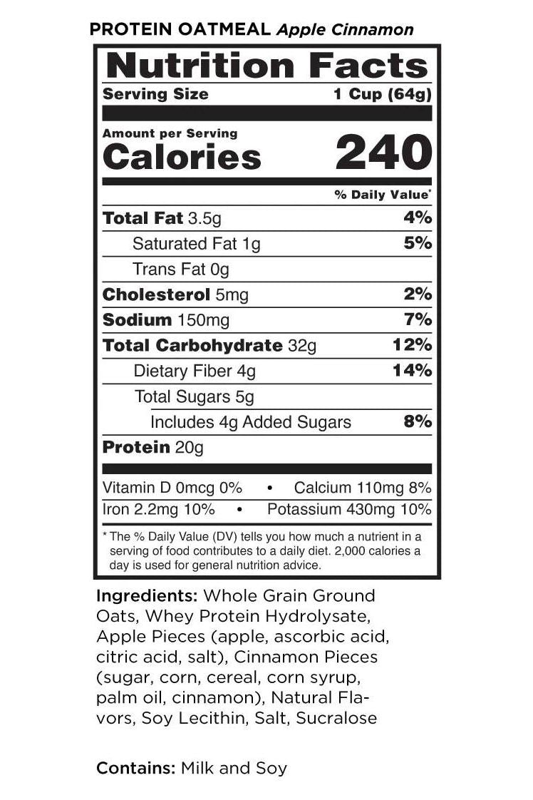 Nutrition facts for Rule One Easy Protein Oatmeal Apple Cinnamon flavor, showing calories and nutritional content.