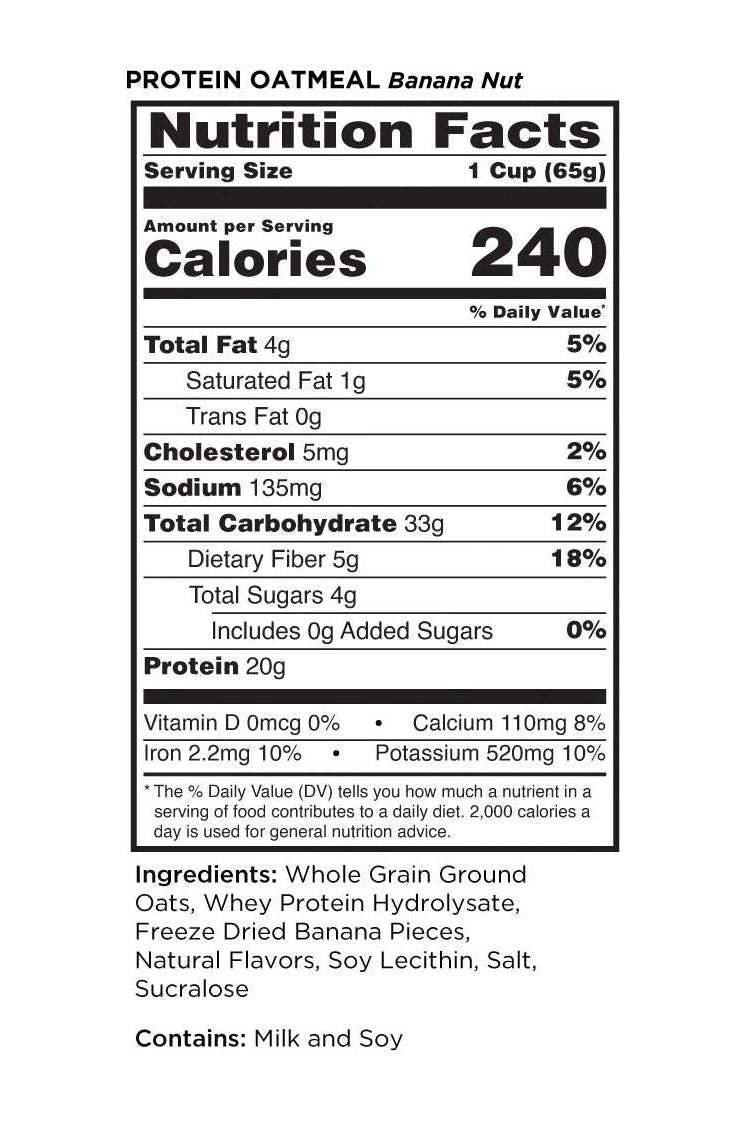 Nutrition facts for Rule One Easy Protein Oatmeal Banana Nut flavor, highlighting calories, protein, and ingredients.