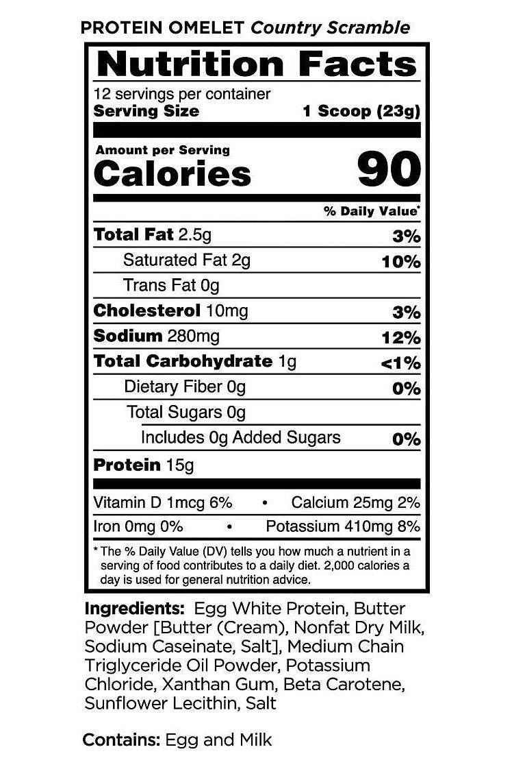 Nutrition label for Rule One Easy Protein Omelet, highlighting calories, protein, and ingredients.