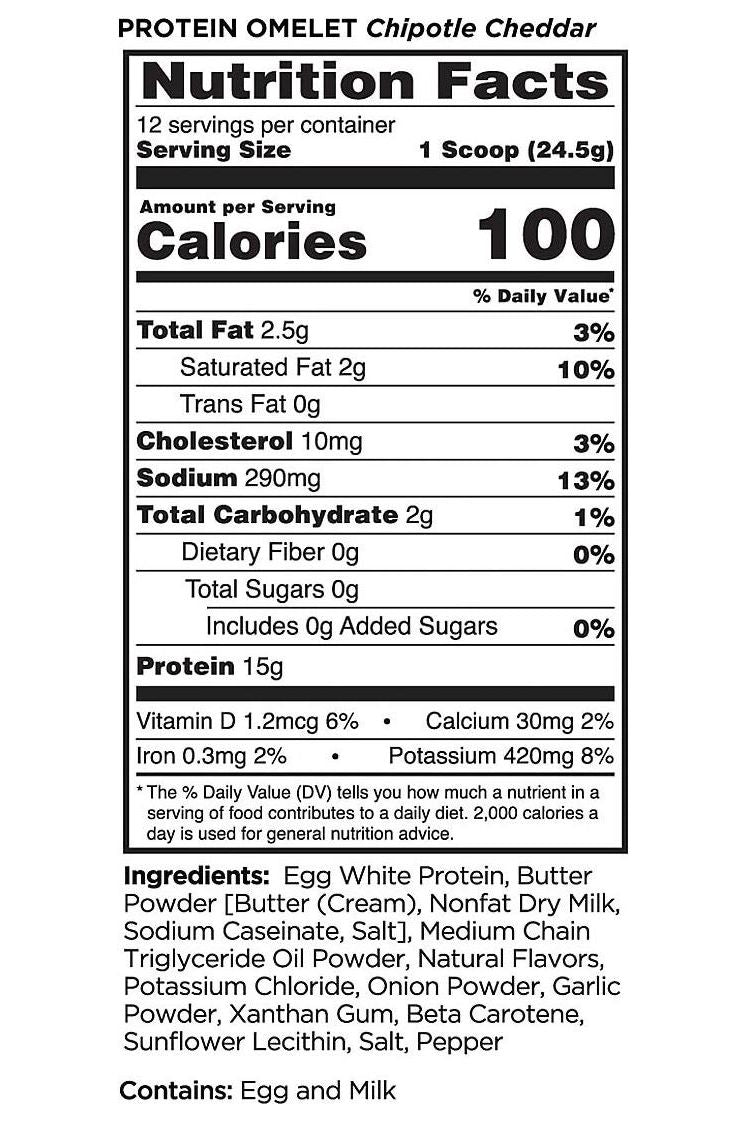 Nutrition label for Rule One Chipotle Cheddar Protein Omelet, detailing serving size, calories, and nutritional values.