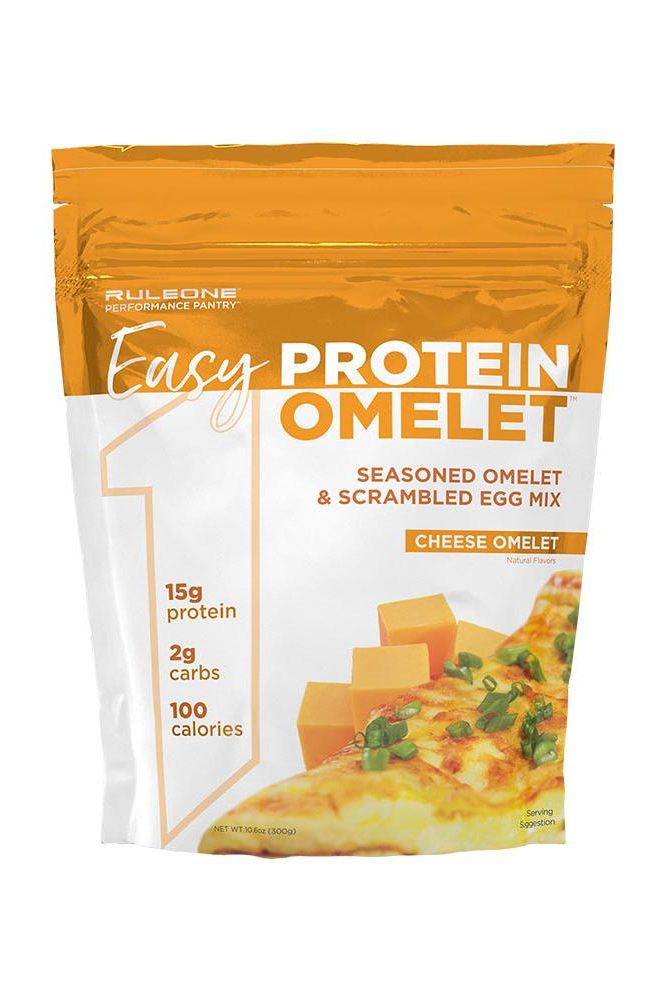 Rule One Easy Protein Omelet pack showcasing cheese flavor, highlighting 15g protein, 2g carbs, and 100 calories.