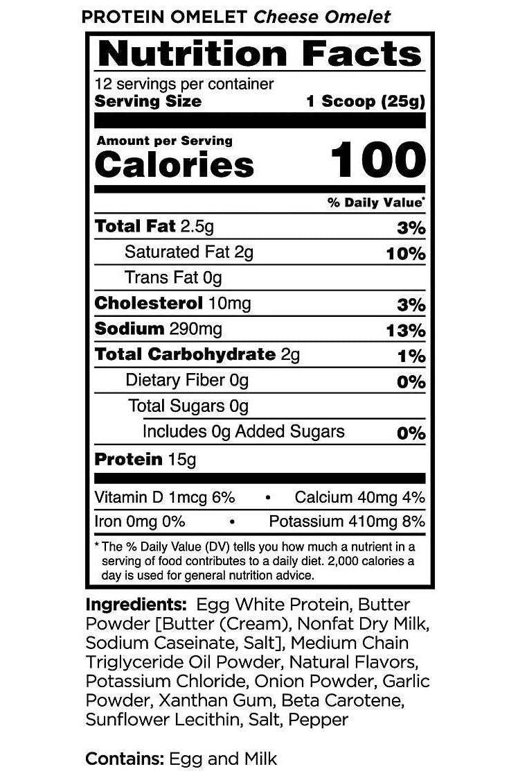 Nutrition facts for Rule One Easy Protein Omelet, highlighting calories, protein, and ingredients for a healthy diet.