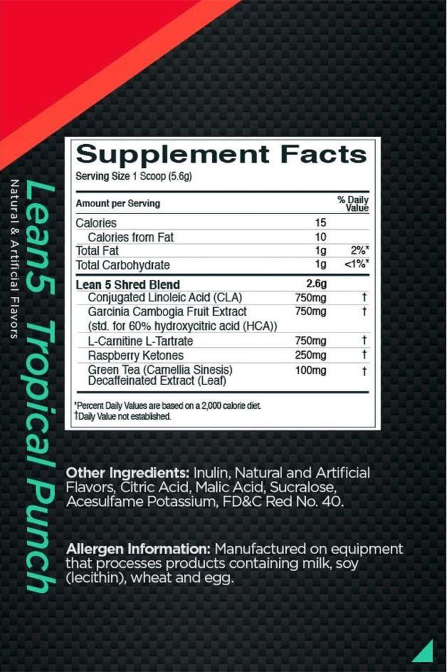 Supplement facts for Rule One Lean5 Tropical Punch, highlighting ingredients and nutritional information.