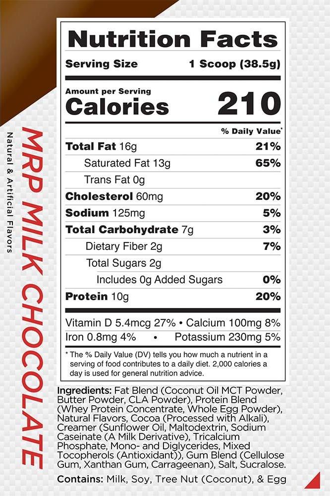 Nutrition facts for Rule One MRP KETO Milk Chocolate, highlighting calories, protein, and fat content.