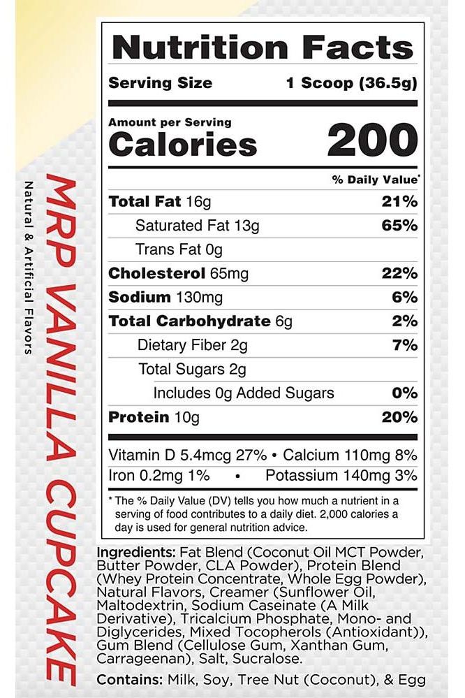 Nutrition facts for Rule1 MRP Vanilla Cupcake protein powder, highlighting calories, fat, carbs, and protein content.