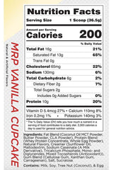 Nutrition facts for Rule1 MRP Vanilla Cupcake protein powder, highlighting calories, fat, carbs, and protein content.