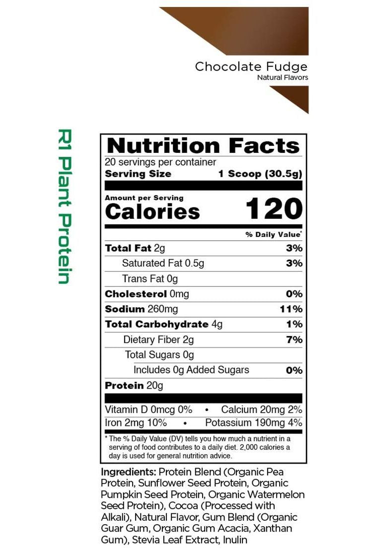 Nutrition facts for R1 Plant Protein in Chocolate Fudge flavor, highlighting 120 calories and 20g plant-based protein.