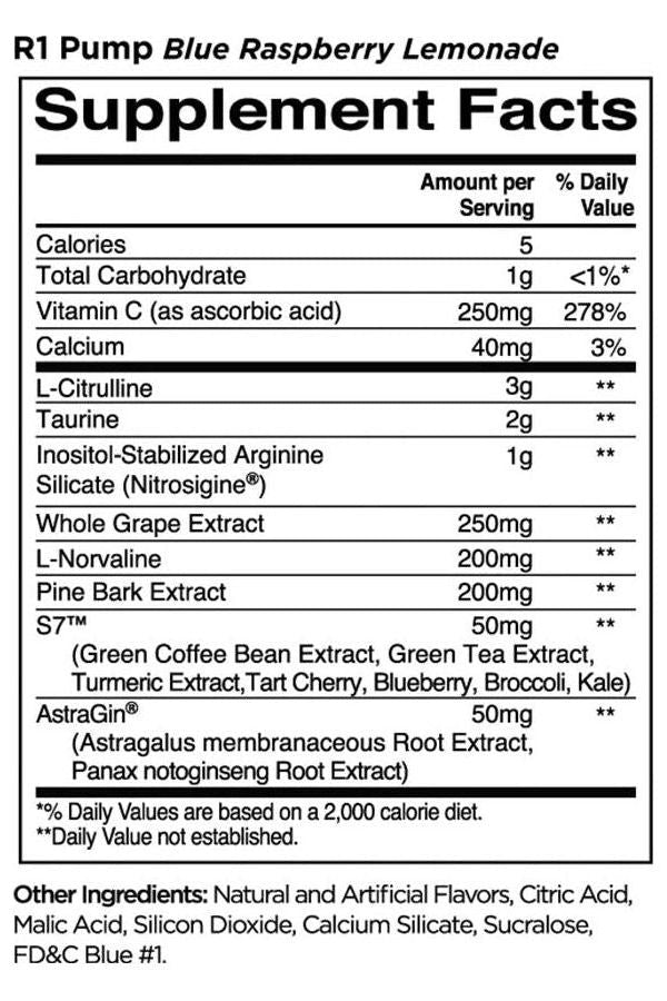 Supplement facts for Rule1 PUMP Blue Raspberry Lemonade, detailing ingredients and nutritional values.