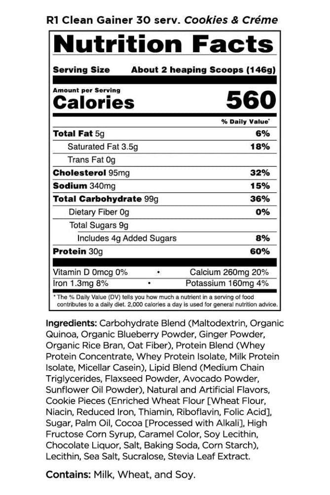 Nutrition facts for Rule One R1 Clean Gainer Cookies & Crème, containing 560 calories, protein, and essential amino acids.