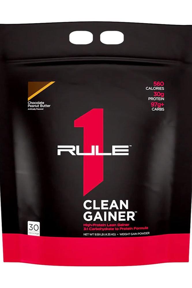 Rule One R1 Clean Gainer product bag with 560 calories, 30g protein, and 97g carbs in chocolate peanut butter flavor.