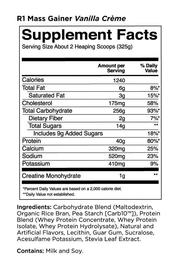 R1 Mass Gainer Vanilla Crème supplement facts showing calorie, protein, and carb content for muscle gain.