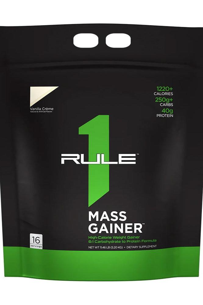 Rule One R1 Mass Gainer bag with 1220+ calories, 40g protein, and 250g carbs for weight gain.