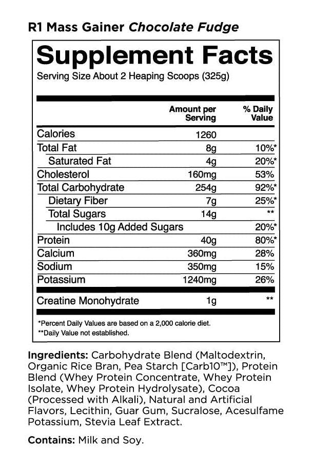 Supplement facts for Rule One R1 Mass Gainer Chocolate Fudge, detailing calories, protein, carbs, and ingredients.