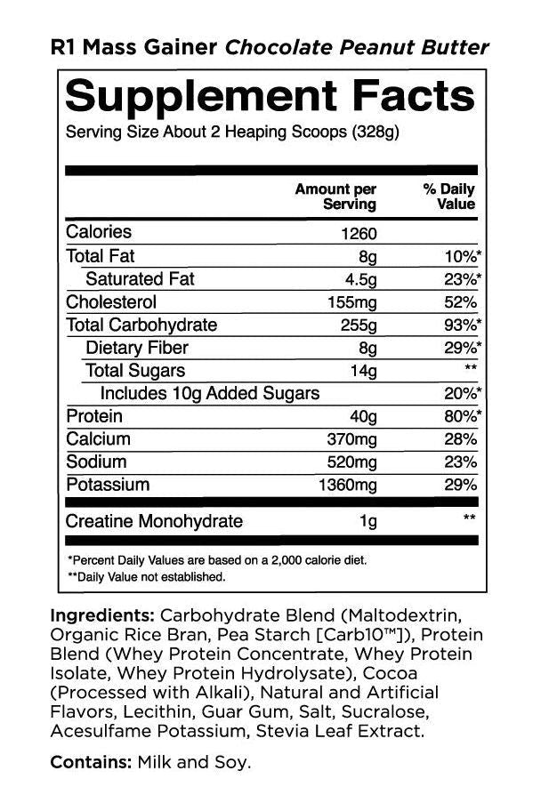 Supplement facts for Rule One R1 Mass Gainer Chocolate Peanut Butter, detailing calories, protein, carbs, and ingredients.