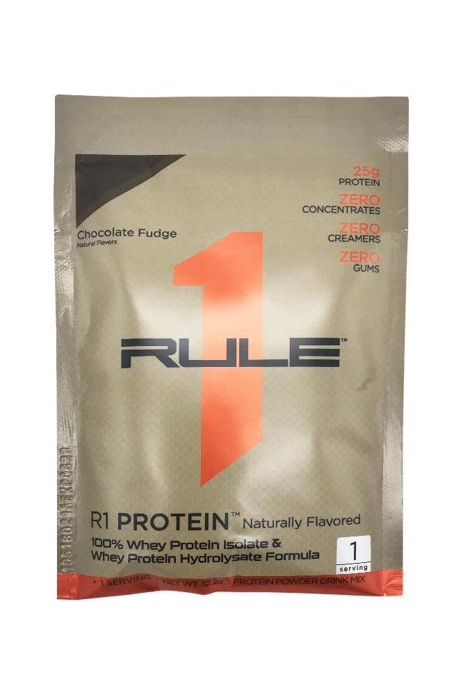 Rule One R1 Protein sample pack, Chocolate Fudge flavor, 25g protein, zero additives, high absorption, gluten-free.