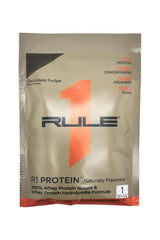 Rule One R1 Protein sample pack, Chocolate Fudge flavor, 25g protein, zero additives, high absorption, gluten-free.