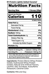 Nutrition facts for Rule One R1 Protein in Lightly Salted Caramel flavor, highlighting 25g protein per serving.
