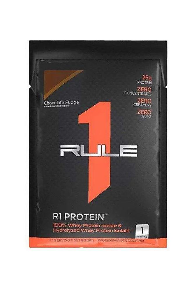 Rule One R1 Protein Sample in Chocolate Fudge flavor, featuring 25g protein from whey isolate and hydrolysate.