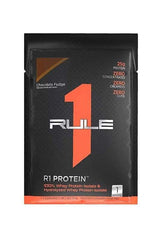 Rule One R1 Protein Sample in Chocolate Fudge flavor, featuring 25g protein from whey isolate and hydrolysate.