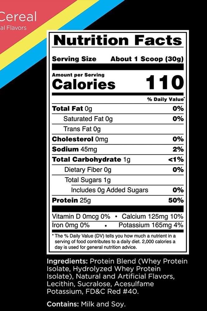 Nutrition facts for Rule One R1 Protein cereal showing calories, protein, and ingredients.
