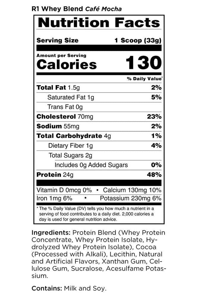Nutrition facts for Rule One R1 Whey Blend Café Mocha with protein, calories, and ingredients information.