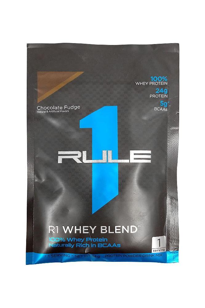 Rule One Whey Blend sample in Chocolate Fudge with 24g protein and 5g BCAAs for muscle building.