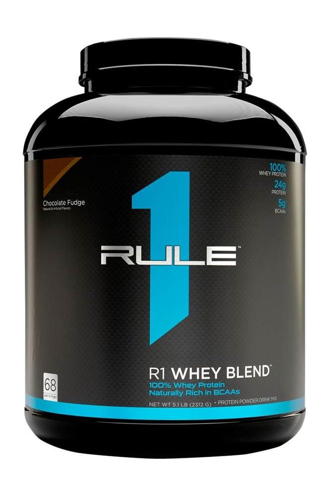 Rule One R1 Whey Blend protein powder, 24g protein per scoop, rich in BCAAs, chocolate fudge flavor.