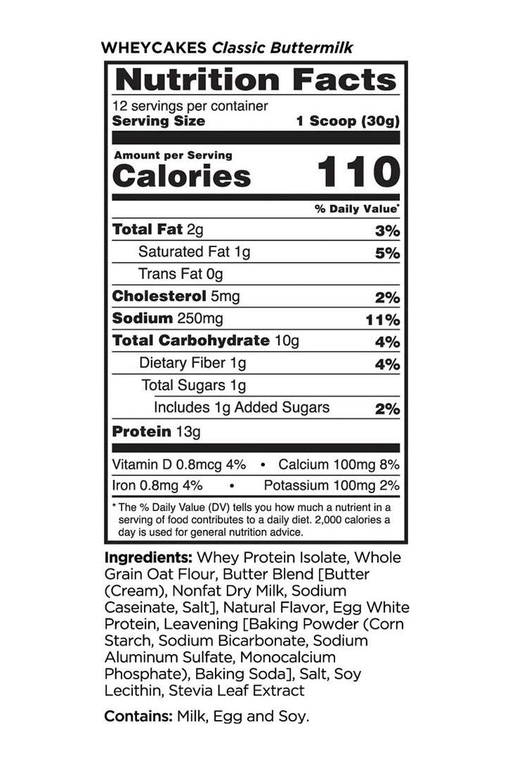 Nutrition label for Rule1 Whey Cakes Classic Buttermilk, highlighting 110 calories and protein content.