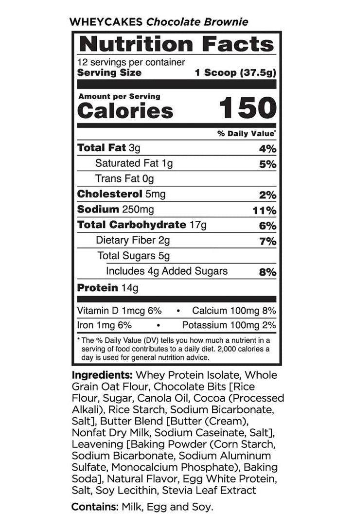 Nutrition facts for Rule One Whey Cakes Chocolate Brownie, 150 calories, 14g protein per serving.