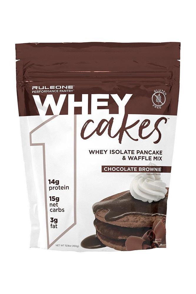Rule One Whey Cakes Chocolate Brownie mix with 14g protein and gluten-free ingredients in a resealable bag.