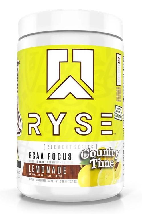 RYSE BCAA Focus supplement in lemonade flavor, 2:1:1 BCAA ratio for hydration and recovery.