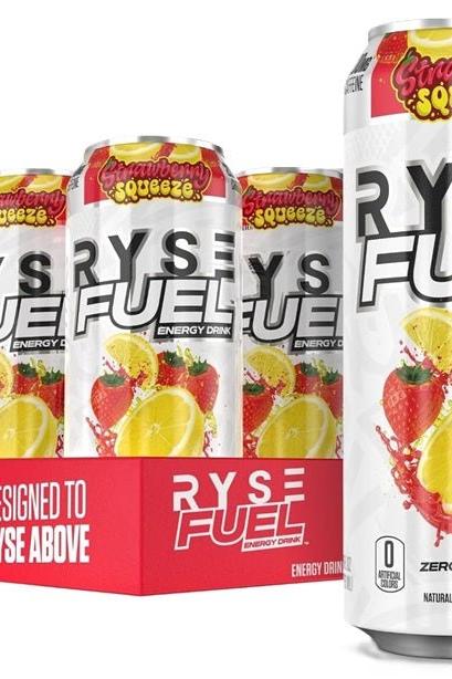 RYSE Fuel Energy Drink pack with Strawberry Squeeze flavor, featuring sugar-free ingredients and bright packaging.