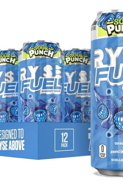 RYSE Fuel Energy Drink Sour Punch flavor, 12 pack, sugar-free beverage for increased energy and mental focus.