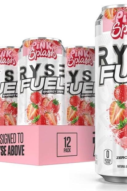 RYSE Fuel Energy Drink Pink Splash, 12 pack, sugar-free, natural ingredients, refreshing flavor.